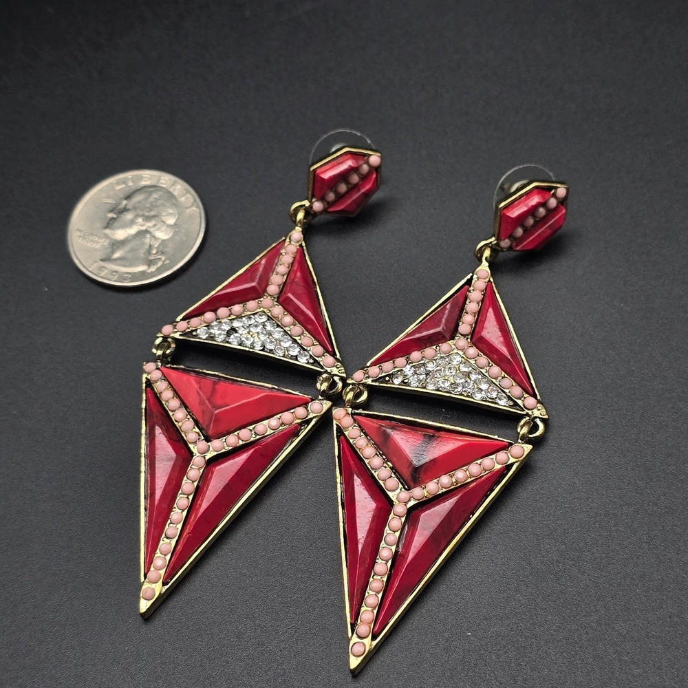 Red Pink Rhinestone Geometric Earrings Triangular - Picture 3 of 8